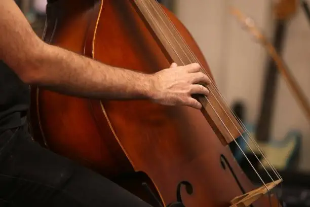 Photo of A man playing a double bass musical instrument during a live performance