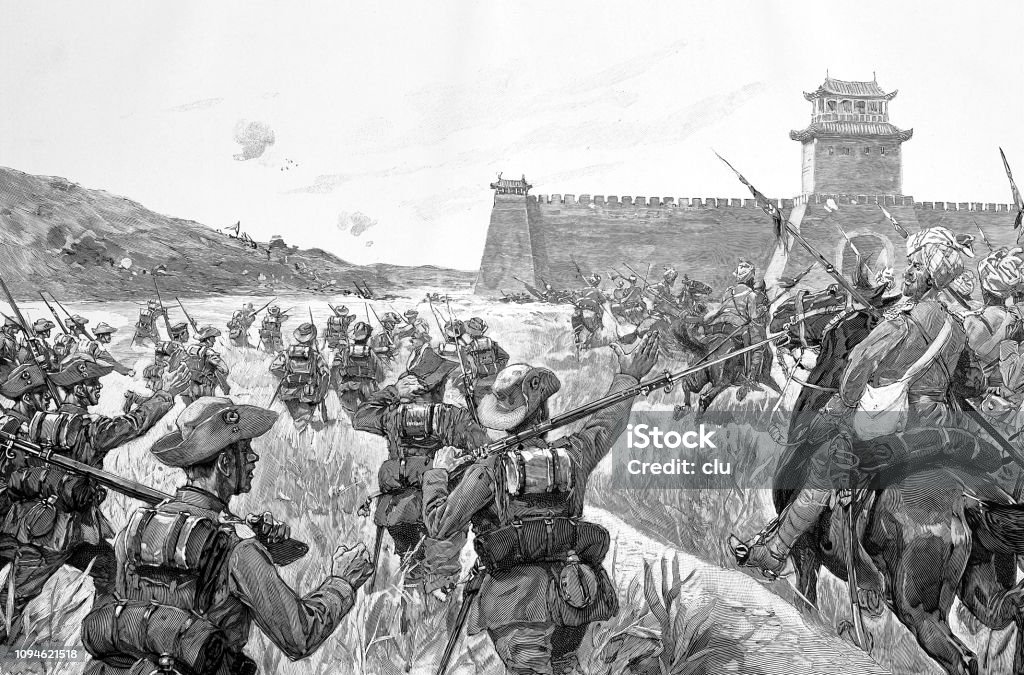 Capture of a Chinese fort by German troops Illustration from 19th century Army Soldier stock illustration