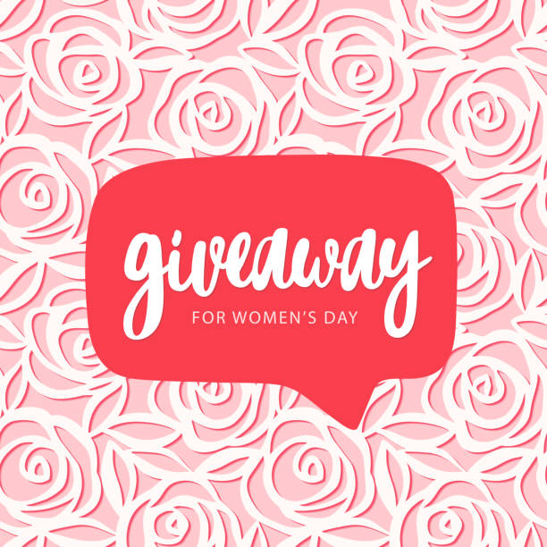 Giveaway poster, card for Women's day. March 8. Great for social media Vector hand drawn illustration with red speech bubble in the center. Cute gentle pattern of roses. March 8. Great for social media tournament of roses stock illustrations