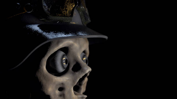 istock A human skull with live eyes in an old military helmet. 1094628582