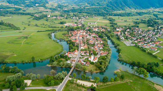 Aerial view of town by river, Kostanjevica na Krki,Slovenia