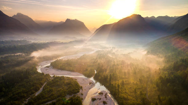 Soca river at sunrise, Upper Carniola,Slovenia Scenic view of Soca river and surrounding forest at foggy sunrise,Upper Carniola,Slovenia river valleys stock pictures, royalty-free photos & images