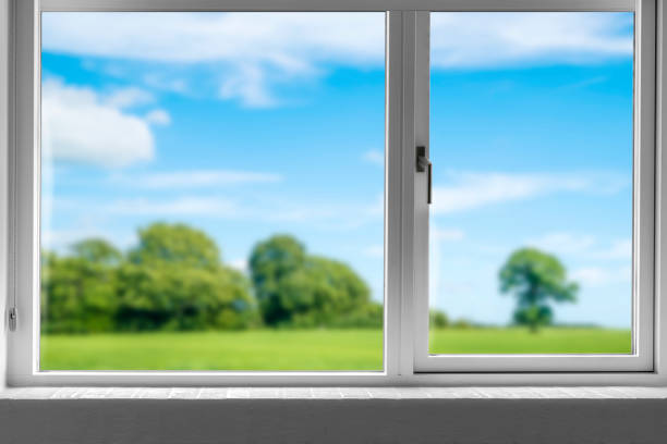 istock View from a closed window to a green meadow 1094629696