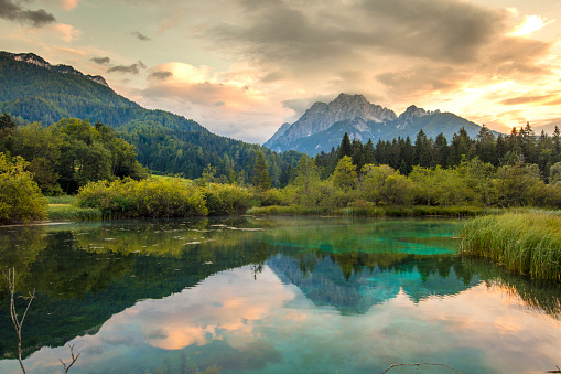 Scenic view of mountains and green forest reflecting in shiny lake of Zelenci Springs nature reserve,Upper Carniola,Slovenia