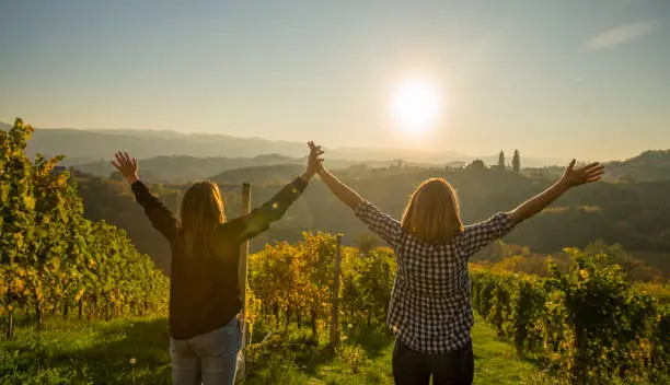 Two women raising arms and looking at sunset in countryside, Picnic,Slovenia