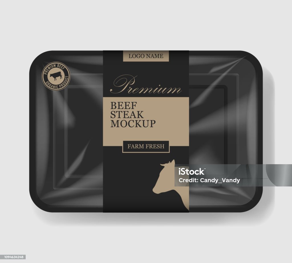 Beef steak packaging. Plastic tray container with cellophane cover. Mockup template for your meat design. Plastic food container. Vector illustration. Beef steak packaging. Plastic tray container with cellophane cover. Mockup template for your meat design. Plastic food container. Vector illustration Meat stock vector