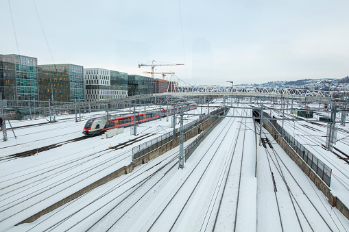 View of train on train station at winter day,Oslo