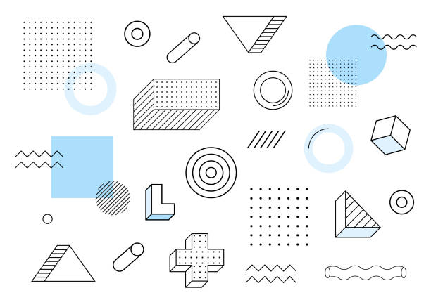 Geometric background. Universal trend halftone geometric shapes set juxtaposed with blue elements composition. Modern vector illustration.