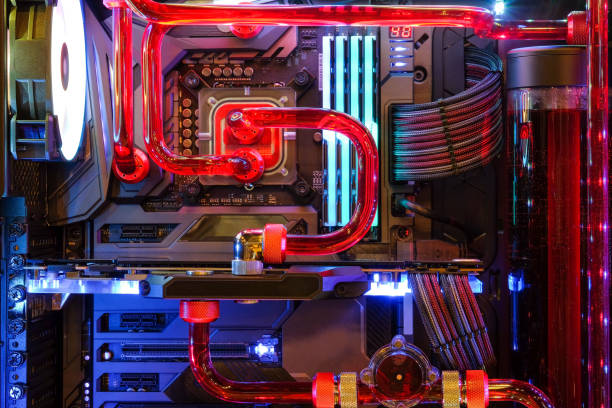 inside Desktop PC Gaming and Water Cooling CPU with LED RGB light show status on working mode