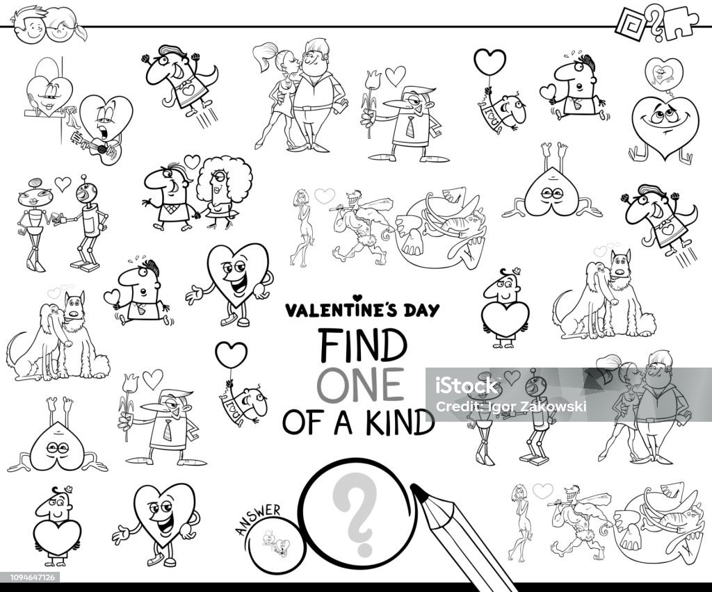 one of a kind Valentines Day clip color book Black and White Cartoon Illustration of Find One of a Kind Picture Educational Game for Kids with Valentines Characters Coloring Book Valentine Card stock vector