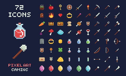 Pixel art vector game design icon video game interface set. Weapons, food, items, potion, magic isolated on black background