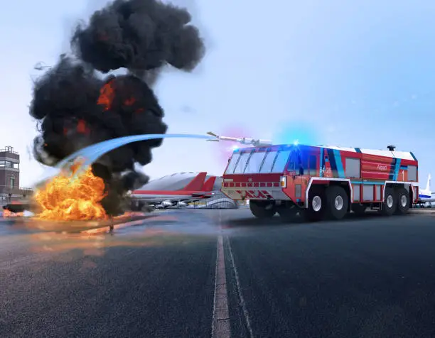 A Simba fire truck for airport security seen in action, fighting fire, 3d render,  firefighting, vehicle, rosenbauer,