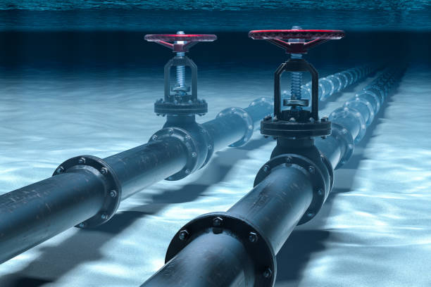 Pipeline lying on ocean bottom underwater. 3D rendering Pipeline lying on ocean bottom underwater. 3D rendering pipe tube stock pictures, royalty-free photos & images