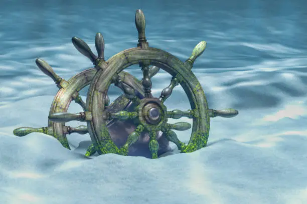 Ship's wheel or boat's wheel underwater. 3D rendering