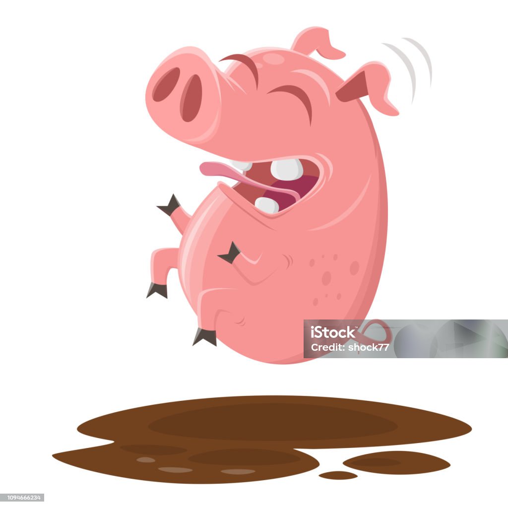 funny pig jumping into the puddle of mud Cute stock illustration