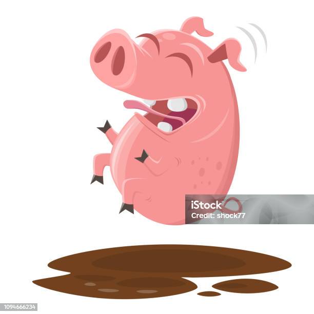 Funny Pig Jumping Into The Puddle Of Mud Stock Illustration - Download Image Now - Cute, Jumping, Mud