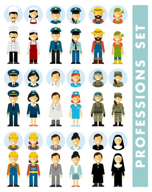 People occupation characters couples set in flat style isolated on white background Different people professions characters icons. Full length and avatars nurse clipart stock illustrations