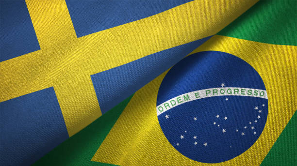 istock Brazil and Sweden two flags together textile cloth fabric texture 1094667994