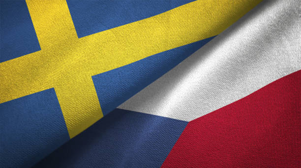 istock Czech Republic and Sweden two flags together textile cloth fabric texture 1094668178
