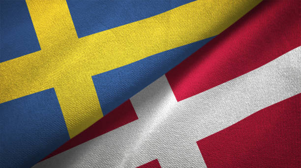 Denmark and Sweden two flags together textile cloth fabric texture Denmark and Sweden flag together realtions textile cloth fabric texture government large currency finance stock pictures, royalty-free photos & images