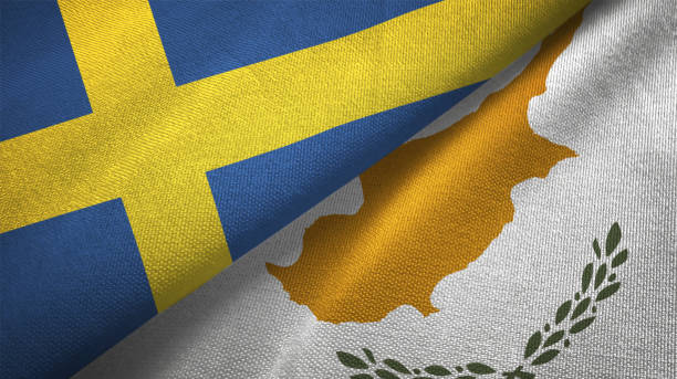 istock Cyprus and Sweden two flags together textile cloth fabric texture 1094668212