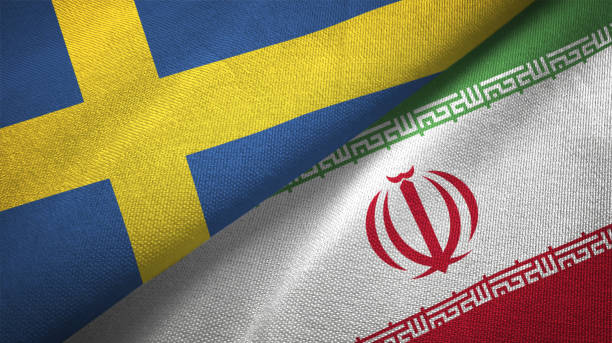 istock Iran and Sweden two flags together textile cloth fabric texture 1094668442