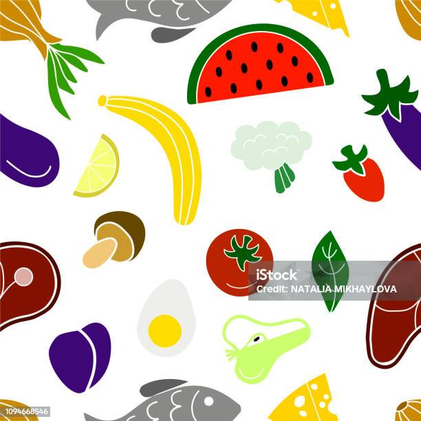 Vegetables Fruits Fish And Meat Stock Illustration - Download Image Now - Avocado, Backgrounds, Broccoli