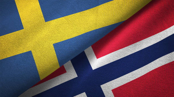 Norway and Sweden two flags together textile cloth fabric texture Norway and Sweden flag together realtions textile cloth fabric texture norwegian flag stock pictures, royalty-free photos & images