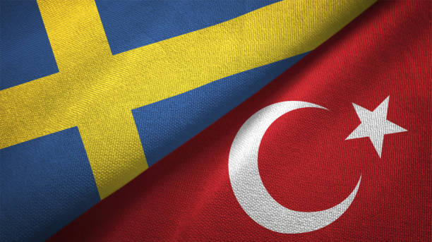 turkey and sweden two flags together textile cloth fabric texture - suécia imagens e fotografias de stock