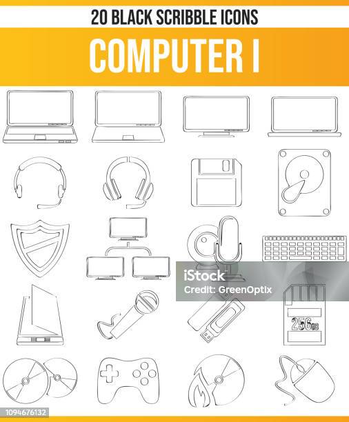 Scribble Black Icon Set Computer I Stock Illustration - Download Image Now - USB Stick, Bar Code Reader, Black Color