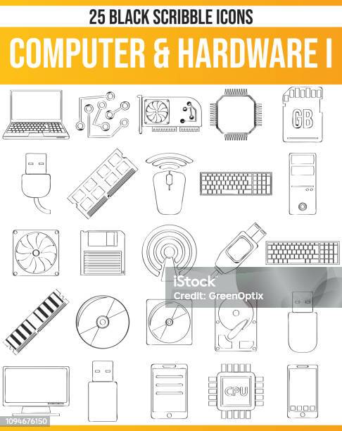 Scribble Black Icon Set Computer Hardware I Stock Illustration - Download Image Now - Black Color, CPU, Coding