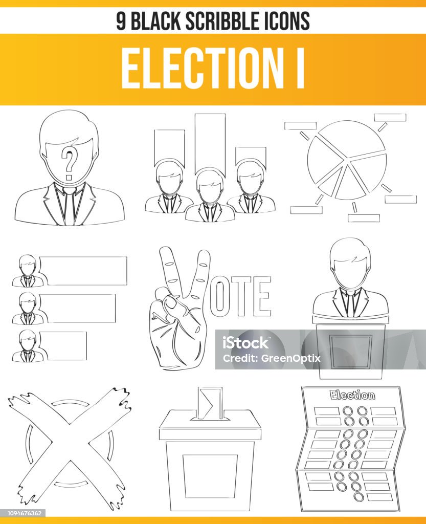 Scribble Black Icon Set Election I Black pictograms / icons on election. This icon set is perfect for creative people and designers who need the subject of policy in their graphic designs. Bundestag stock vector