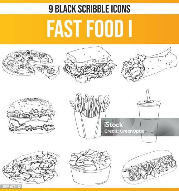 Scribble Black Icon Set Fast Food I Stock Illustration - Download Image Now - Burger, Drawing - Activity, Kebab