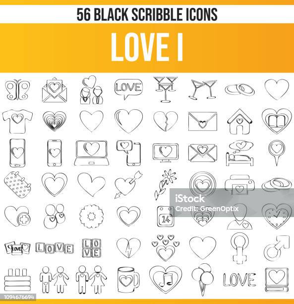 Scribble Black Icon Set Love I Stock Illustration - Download Image Now - Black Color, Champagne, Dating