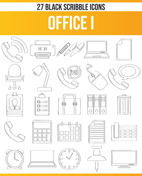 scribble black icon set office i - office chair chair furniture scribble stock illustrations