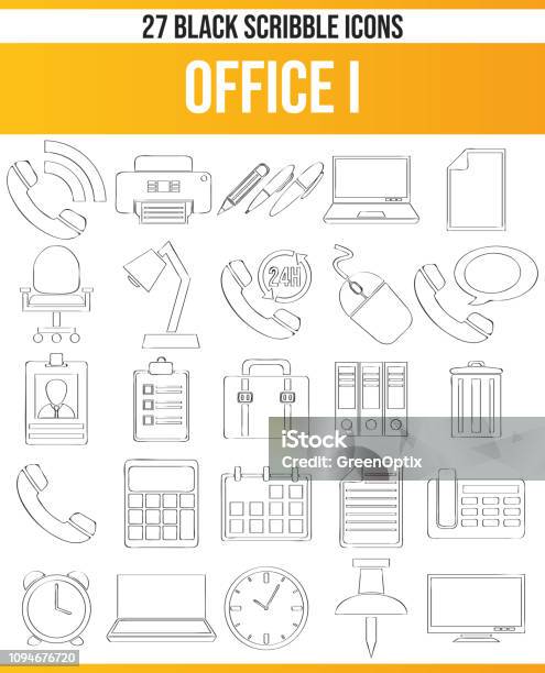 Scribble Black Icon Set Office I Stock Illustration - Download Image Now - Doodle, Icon Symbol, Alarm Clock