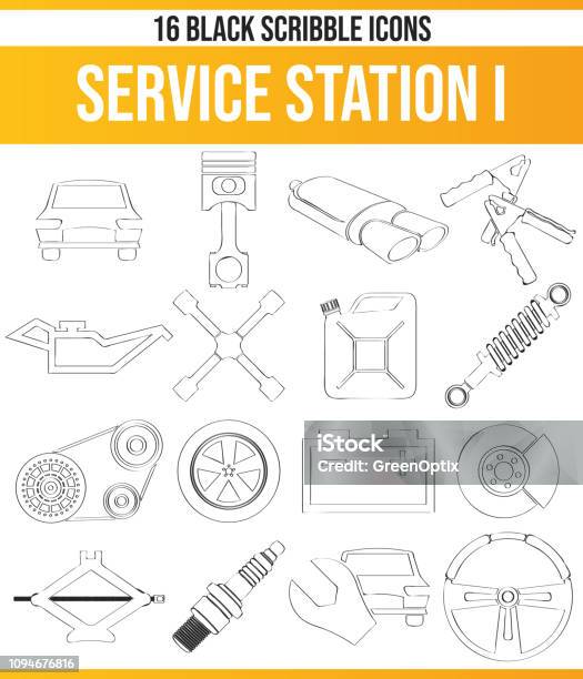 Scribble Black Icon Set Service Station I Stock Illustration - Download Image Now - Sketch, Tire - Vehicle Part, Battery