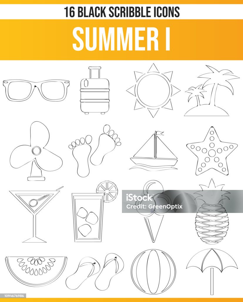 Scribble Black Icon Set Summer I Black pictograms / icons on summer. This icon set is perfect for creative people and designers who need the theme of summer in their graphic designs. Black Color stock vector