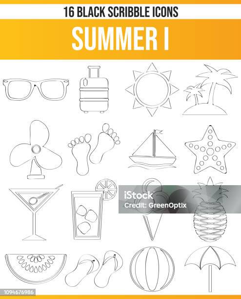 Scribble Black Icon Set Summer I Stock Illustration - Download Image Now - Black Color, Cocktail, Doodle