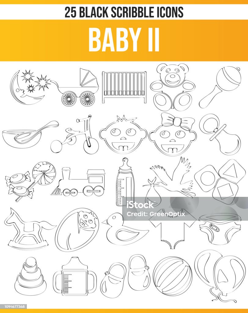 Scribble Black Icon Set Baby II Black pictograms / icons about baby. This icon set is perfect for creative people and designers who need the theme baby in her graphic design. Diaper stock vector