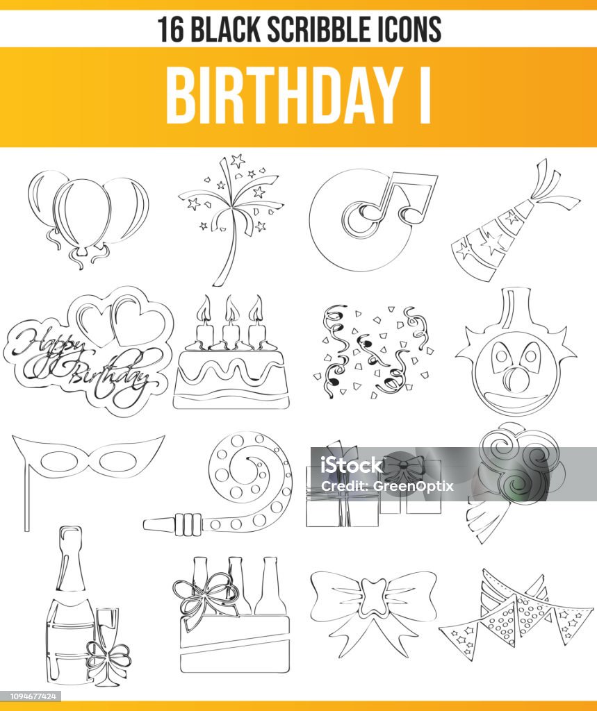 Scribble Black Icon Set Birthday I Black pictograms / icons on birthday. This icon set is perfect for creative people and designers who need the theme birthday party in their graphic designs. Balloon stock vector