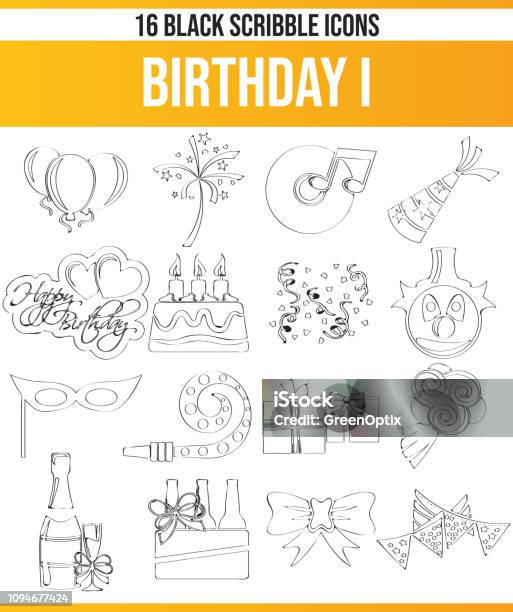 Scribble Black Icon Set Birthday I Stock Illustration - Download Image Now - Balloon, Birthday, Birthday Present