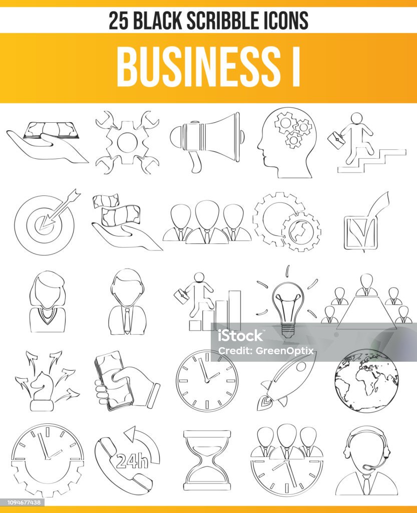 Scribble Black Icon Set  Business I Black pictograms / icons on Business. This icon set is perfect for creative people and designers who need the topic of finance in their graphic designs. Communication stock vector