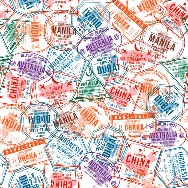여권 비자 우표, 완벽 한 패턴입니다. 국제, 이민 사무실 고무 우표입니다. 여행 및 관광 개념 배경 - passport stamp rubber stamp passport china stock illustrations