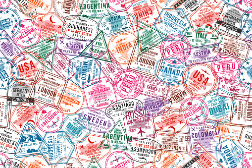 Passport visa stamps, seamless pattern. International and immigration office rubber stamps. Traveling and tourism concept background. Vector