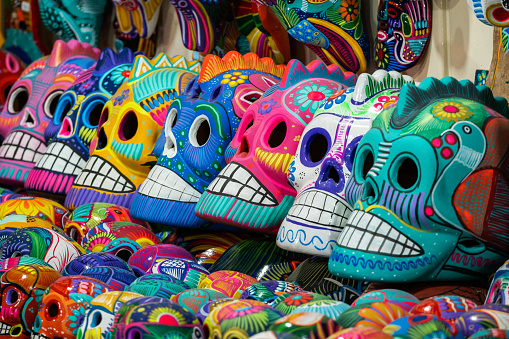 Colourful skulls at street market in San Miguel de Allende, Mexico, Day of Dead (Dia de los Muertos) concept.