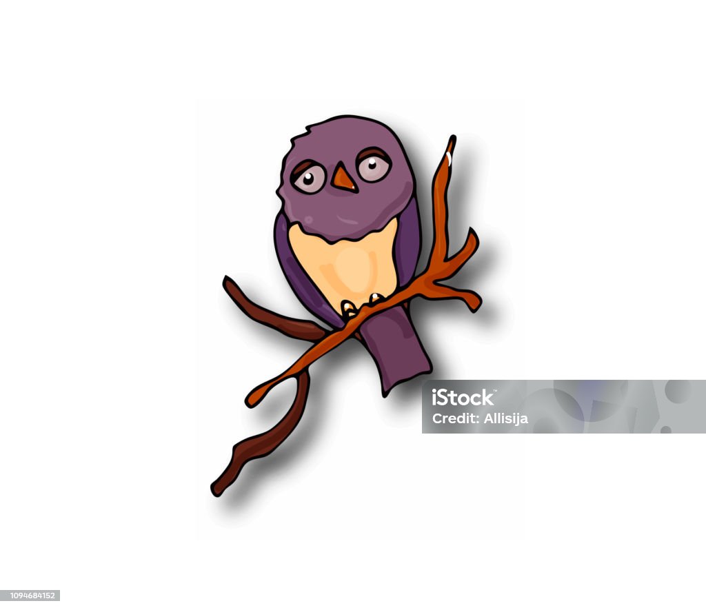 clipart doodle owl on a branch with a shadow Owl bird in vector drawn, sits on a piece of a tree branch, holds its paws and the half asleep and purple sad on a white background is an isolated one. Animal stock vector