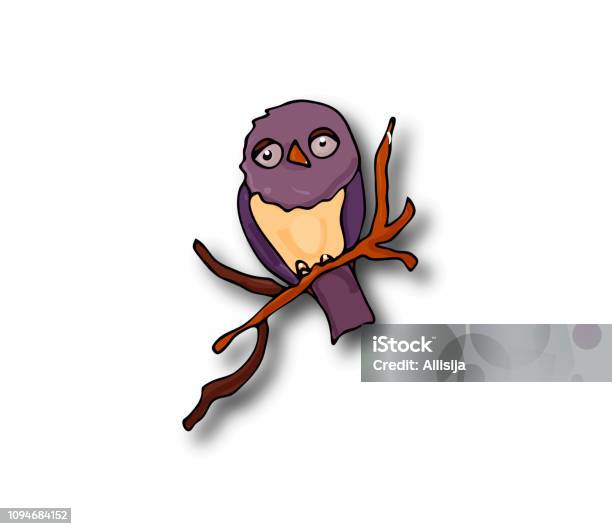 Clipart Doodle Owl On A Branch With A Shadow Stock Illustration - Download Image Now - Animal, Animal Body Part, Art