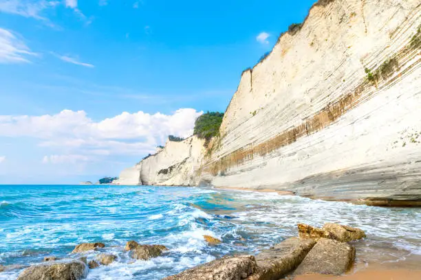 Photo of Logas Beach and amazing rocky cliff in Peroulades. Corfu Island. Greece