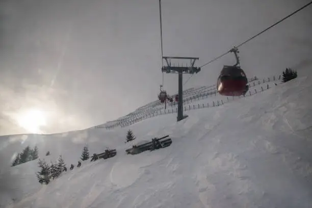 Photo of Ski lift booths at a ski resort.